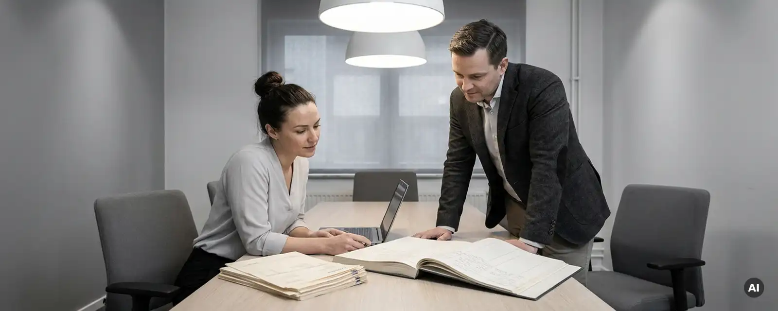 Geschäftsfrau und Kollege prüfen gemeinsam Finanzunterlagen und Rechnungen an einem Konferenztisch im modernen Büro.