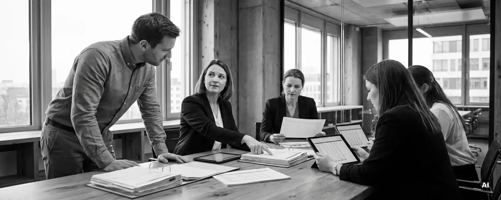 Gemischtes Fachteam bespricht Finanzdokumente am Konferenztisch in einem modernen deutschen Mittelstandsbüro.