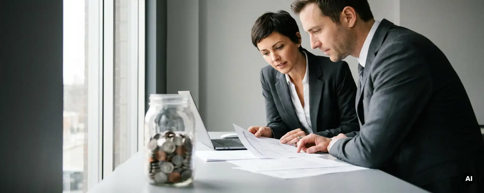 Geschäftsfrau und Kollege prüfen Finanzdokumente am modernen Schreibtisch, Glasgefäß mit Münzen im Vordergrund.