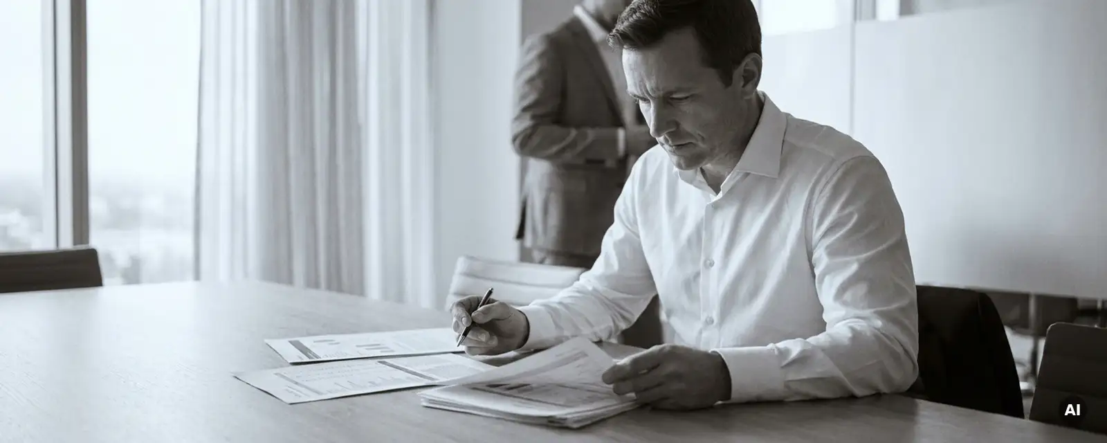 Männlicher Führungskraft prüft Finanzberichte am Konferenztisch, Stift in der Hand, Kollege unscharf im Hintergrund.
