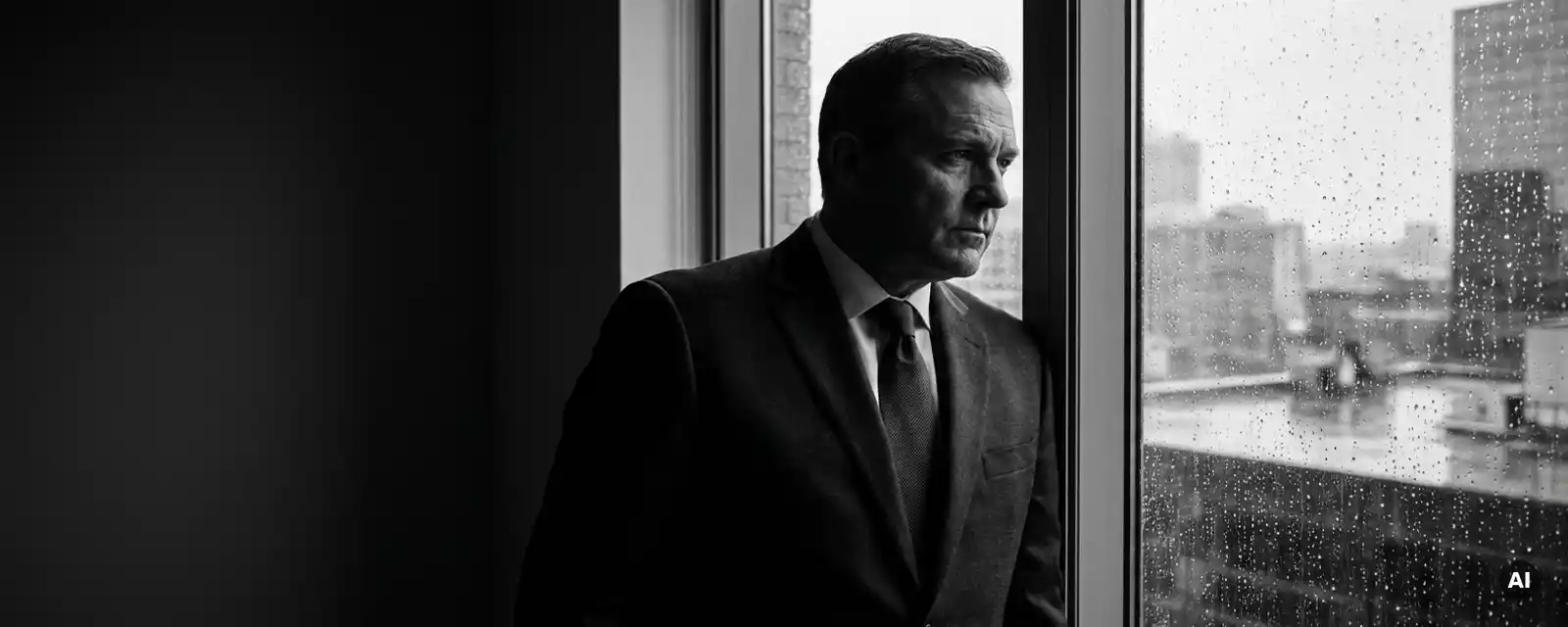 Nachdenklicher Geschäftsmann im dunklen Anzug am regennassen Bürofenster, dramatisches Seitenlicht, Stadtsilhouette im Hintergrund, Schwarz-Weiß.