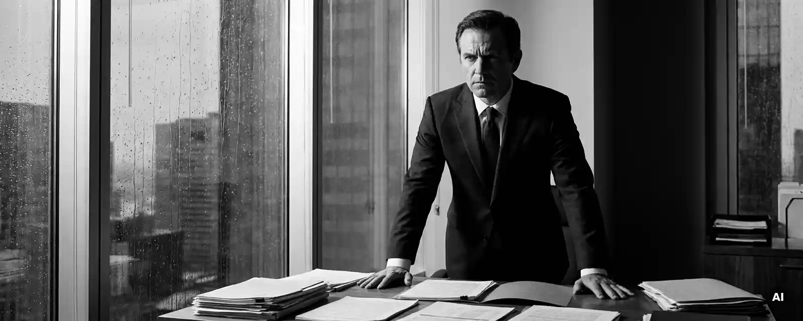 Geschäftsmann im dunklen Anzug steht angespannt am regennassen Bürofenster, Hände auf Schreibtisch mit Finanzdokumenten, dramatisches Seitenlicht.