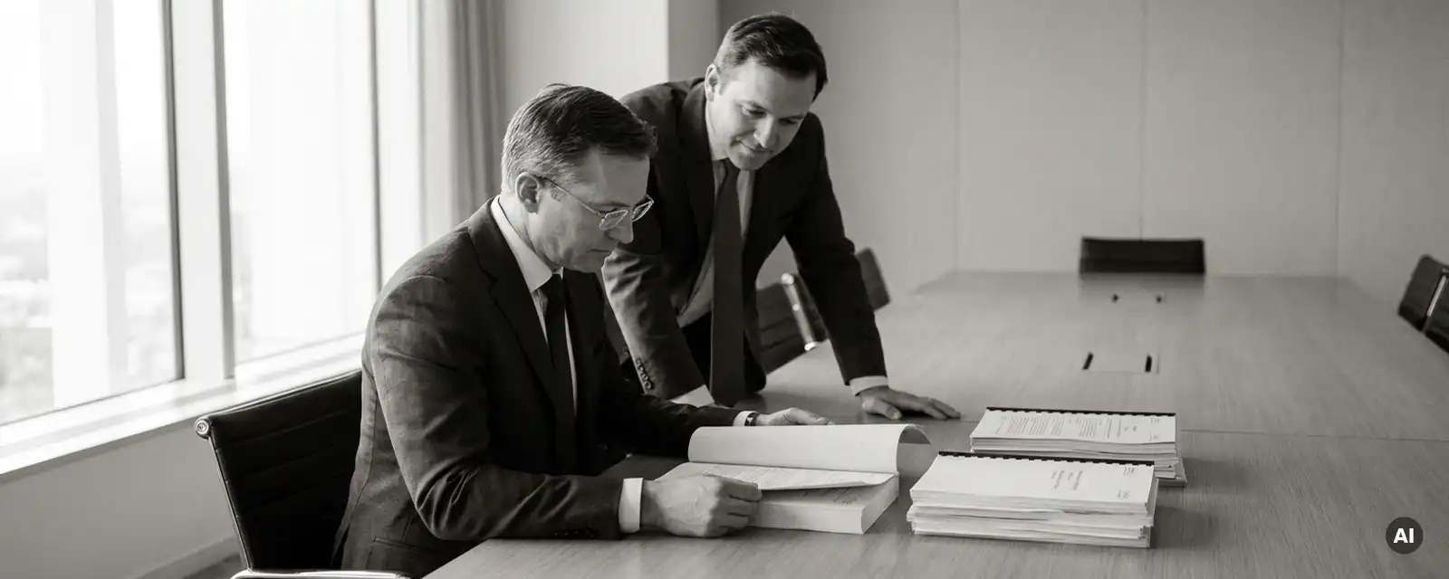 Geschäftsmann im Anzug prüft Finanzdossier am Konferenztisch, Kollege hört aufmerksam zu, professionelles Büroumfeld.