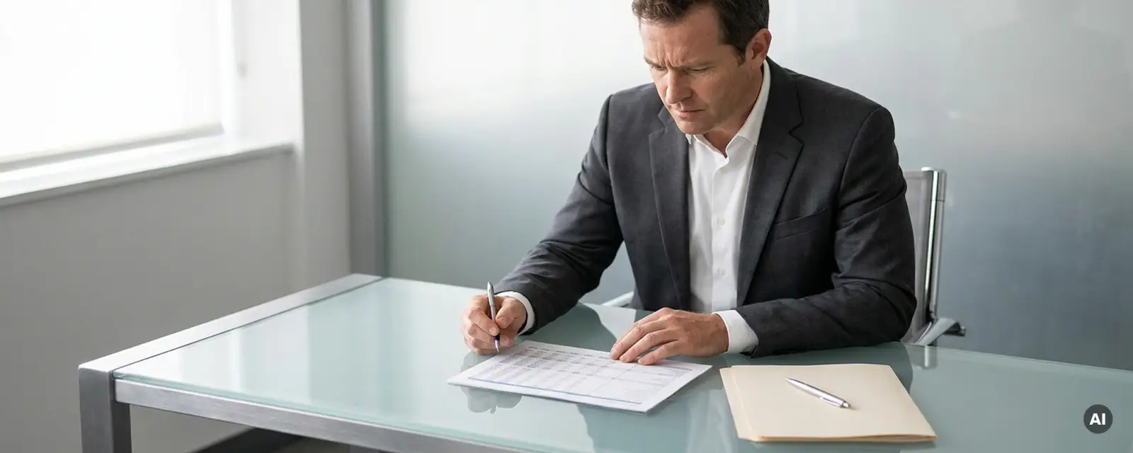 Geschäftsmann im Anzug prüft konzentriert ein Finanzdokument am Schreibtisch, Mappe und Stift im Vordergrund.