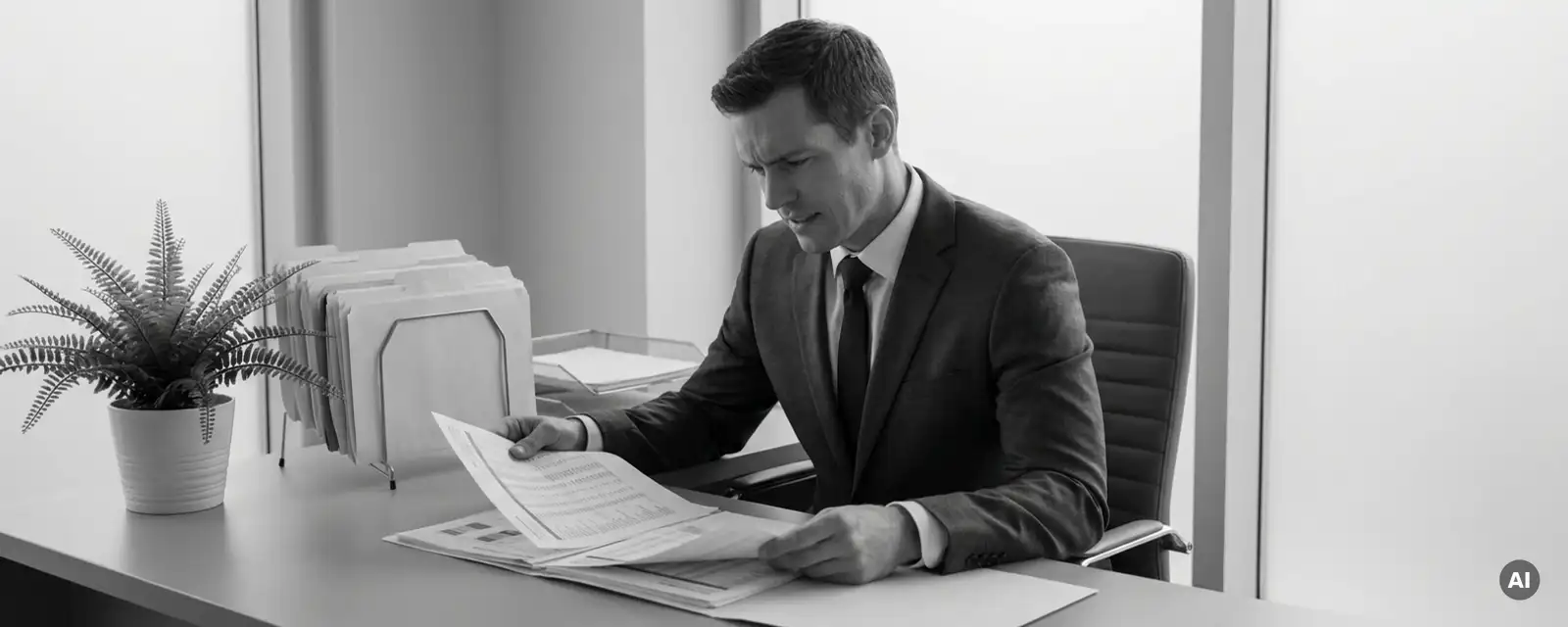 Geschäftsmann im Anzug prüft Finanzdokumente am modernen Büroschreibtisch, grüne Pflanze neben sortierten Ordnern, diffuses Seitenlicht.