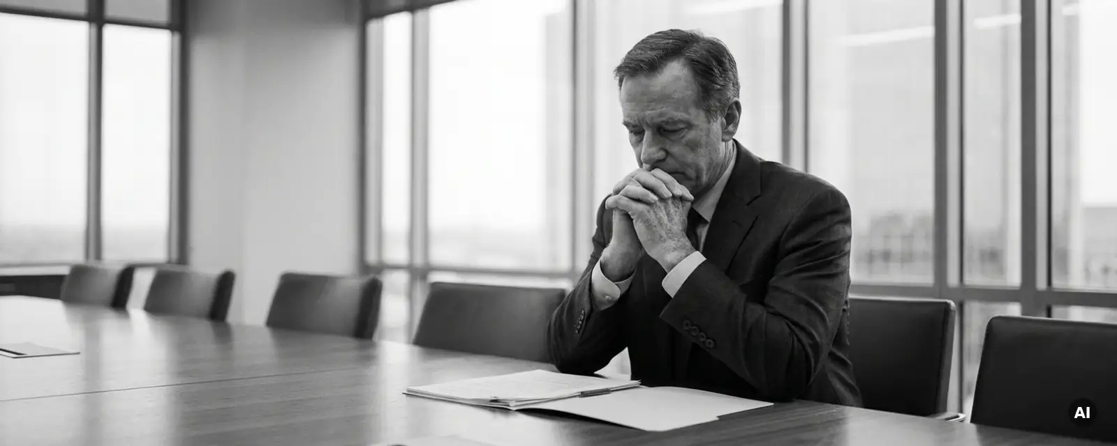 Nachdenklicher Geschäftsmann im Anzug sitzt allein am Konferenztisch mit geöffneter Mappe, Schwarz-Weiß-Aufnahme.