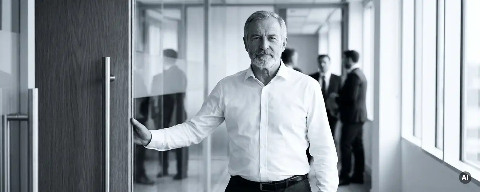 Älterer Manager in weißem Hemd hält vor Boardroom-Tür inne, ruhiger Gesichtsausdruck, Kollegen hinter Milchglas sichtbar.
