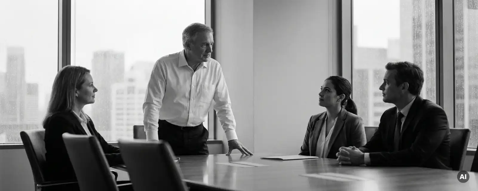 Erfahrener Unternehmensberater im weißen Hemd leitet Boardroom-Meeting, Kollegen sitzen konzentriert am Tisch, bewölkte Skyline im Hintergrund.