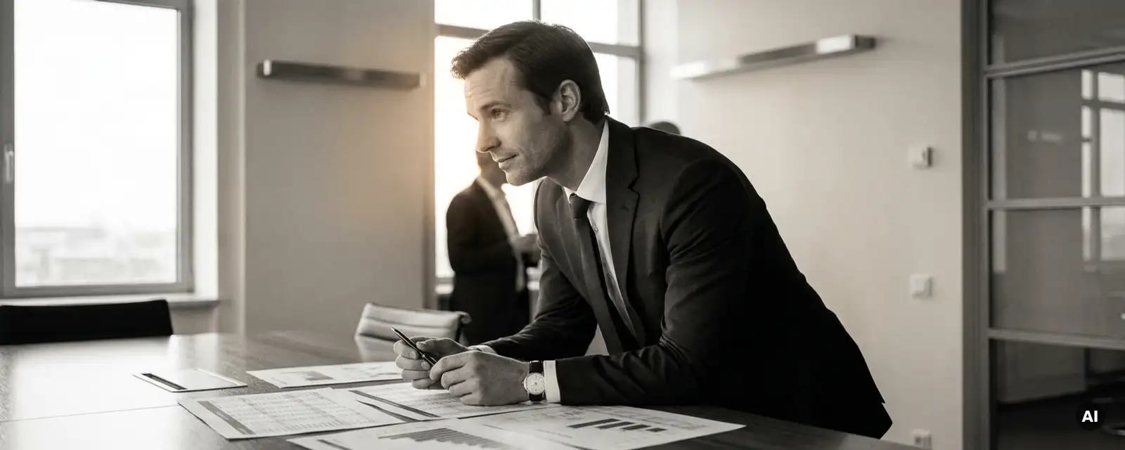 Unternehmensberater im Anzug analysiert Finanzdiagramme am Konferenztisch, modernes Büro, monochromer Stil.