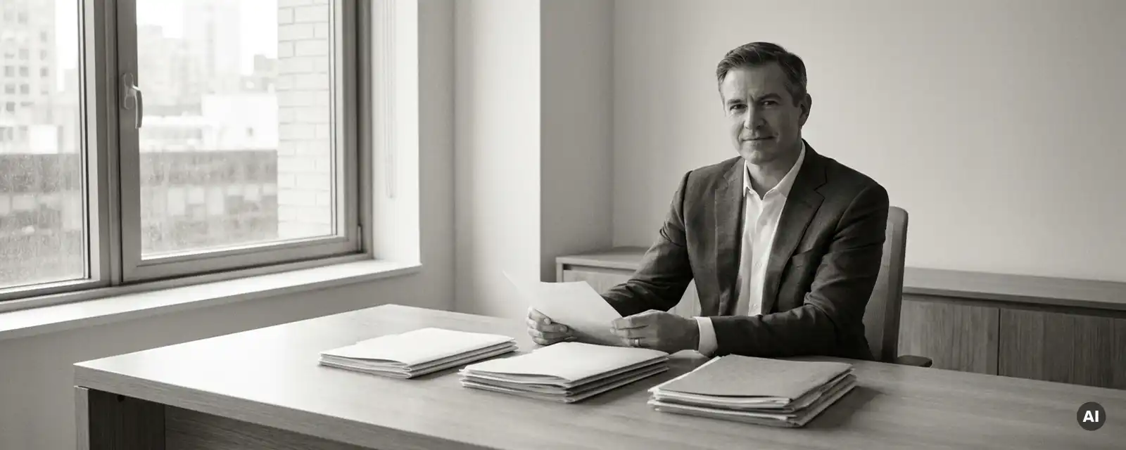 Unternehmensberater im Anzug prüft Finanzdokumente an modernem Schreibtisch mit drei geordneten Dokumentenstapeln.