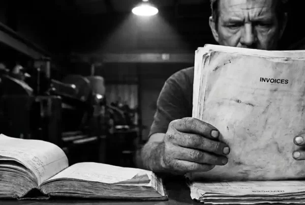 Fabrikarbeiter prüft Produktionsrechnungen, abgenutztes Gewinnbuch unter seinen Händen, dramatisches Schwarz-Weiß-Licht in der Werkshalle.
