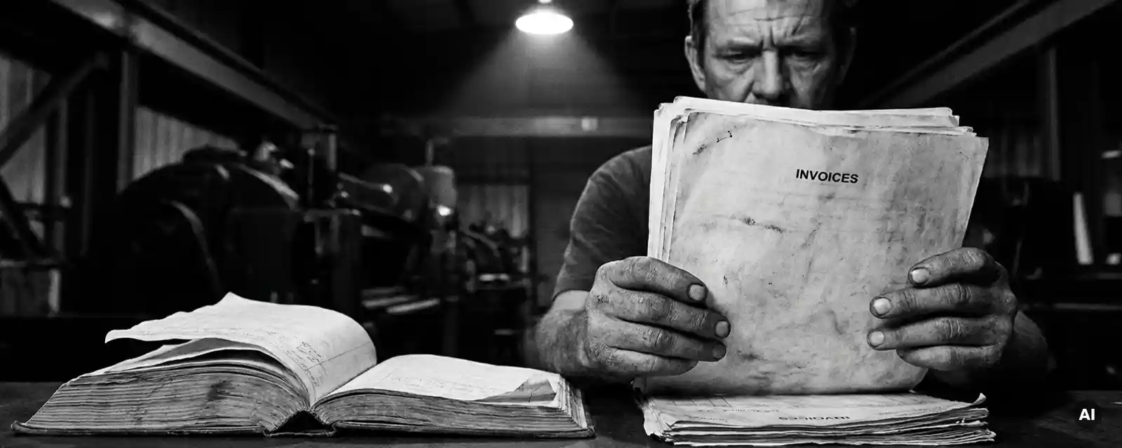 Fabrikarbeiter prüft Produktionsrechnungen, abgenutztes Gewinnbuch unter seinen Händen, dramatisches Schwarz-Weiß-Licht in der Werkshalle.