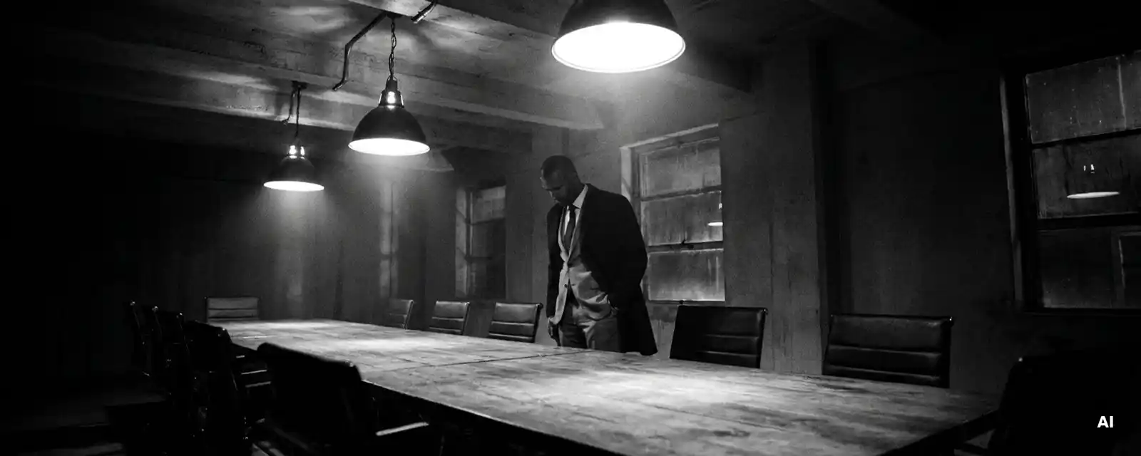 Einsamer Manager am Kopf eines leeren Konferenztisches, Kopf gesenkt, dramatische Schatten in Schwarz-Weiß-Fotografie.