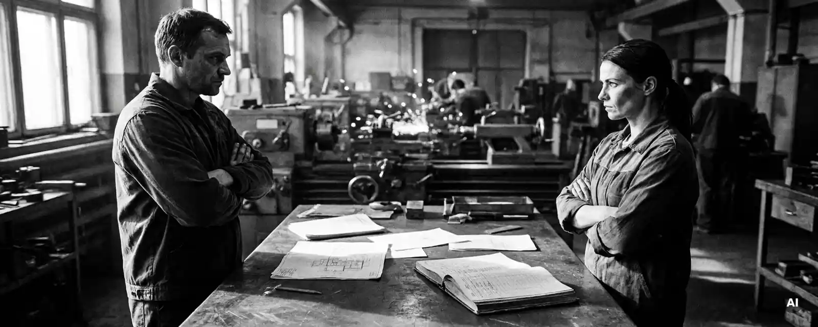 Zwei Kollegen im angespannten Konfliktgespräch an einem Werkstatttisch, Arme verschränkt, harter Lichtkontrast, Schwarz-Weiß-Fotografie.