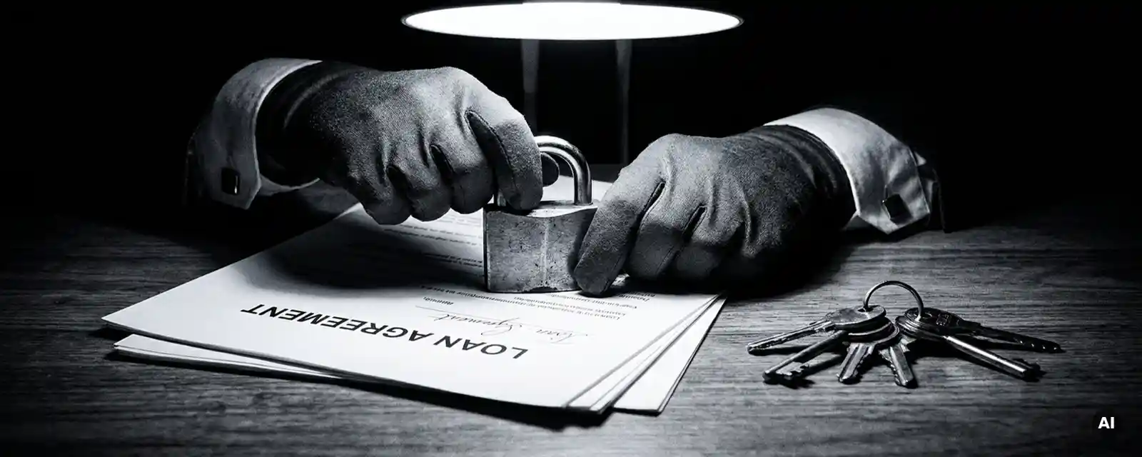 Hände eines Bankmanagers drücken schweres Eisenschloss auf unterzeichnetes Kreditdokument, Schlüssel daneben, dramatisches Schwarzweißfoto.