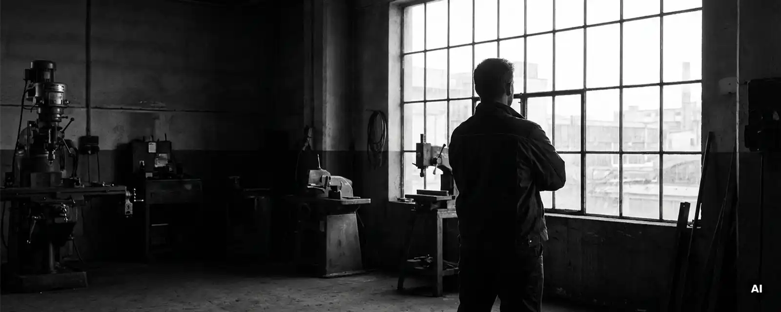 Unternehmer steht mit verschränkten Armen am Fenster einer Industriehalle, Maschinen im Hintergrund, Schwarz-Weiß-Fotografie.